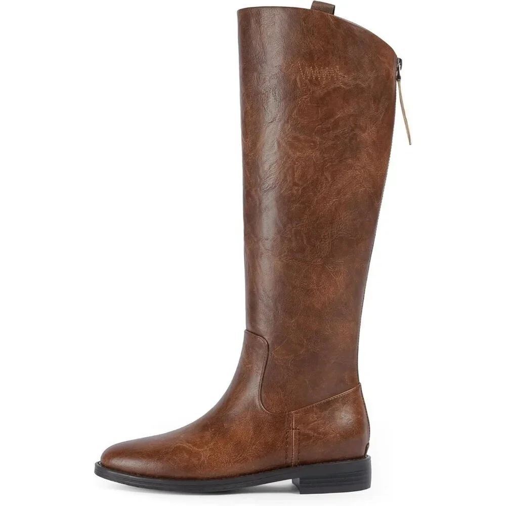 Women's A-retro Brown Rounded Toe Flat Low Chunky Zip Heel Knee High Boots